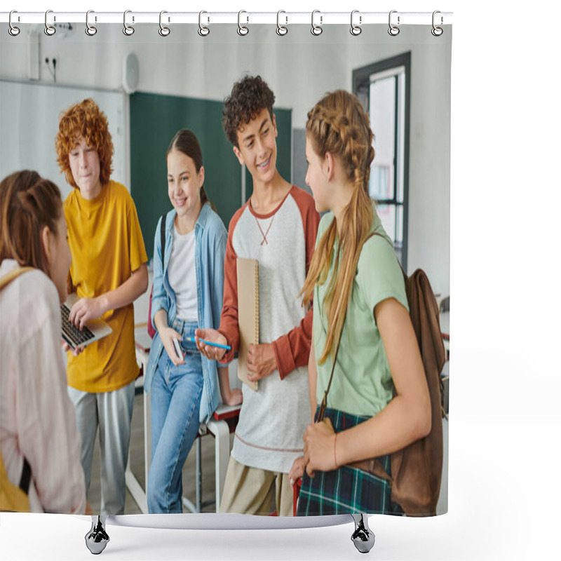 Personality  Happy Teenagers Talking In Classroom, Back To School, Classmates Communicating During School Break Shower Curtains