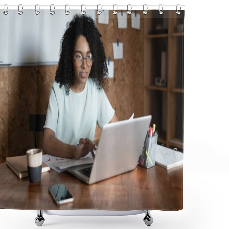 Personality  Young Beautiful African American Woman Using Her Laptop While Sitting In Chair At Her Working Place Shower Curtains