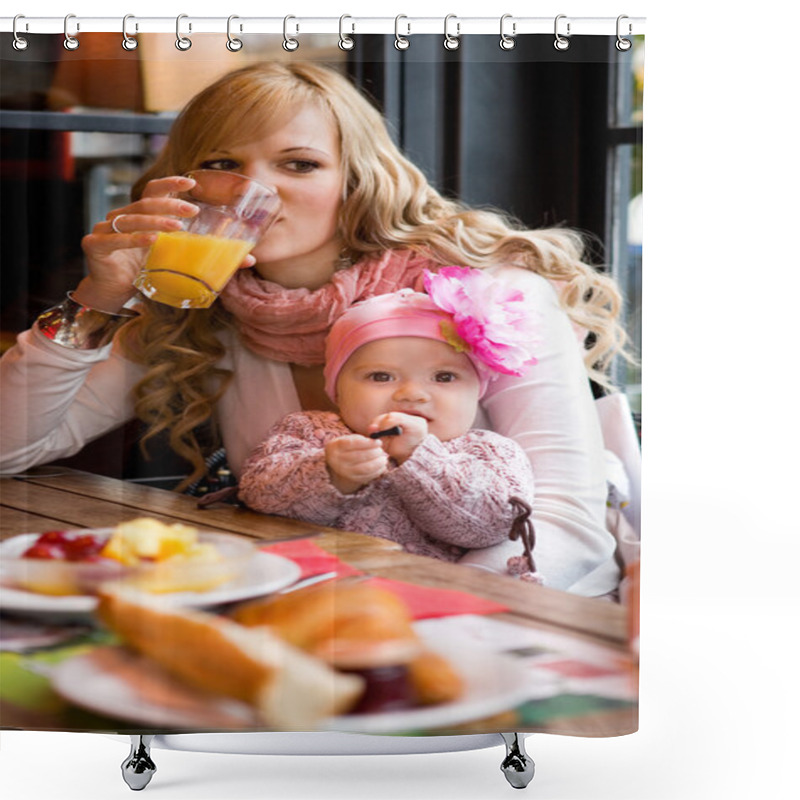 Personality  Young Mother And Baby Daughter Having Breakfast Together In A Pa Shower Curtains