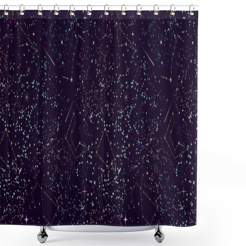 Personality  Space Seamless Vector Pattern. A Starry Night Sky. Magic Universe. Abstract Background. Multi-colored Stars, Constellations And Comets On A Dark Purple Background. Fashionable Print, Futuristic Design Shower Curtains