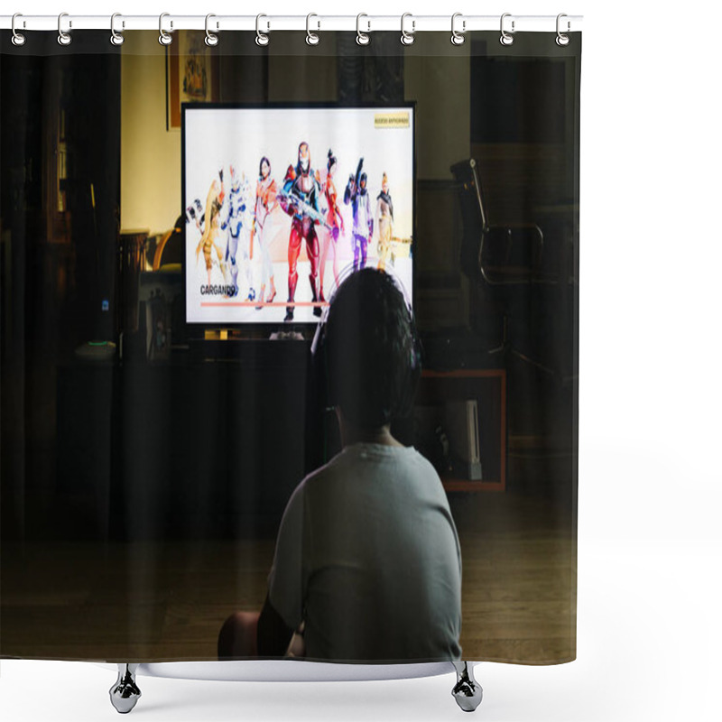 Personality  Teenager playing Fortnite video game with PlayStation on TV shower curtains