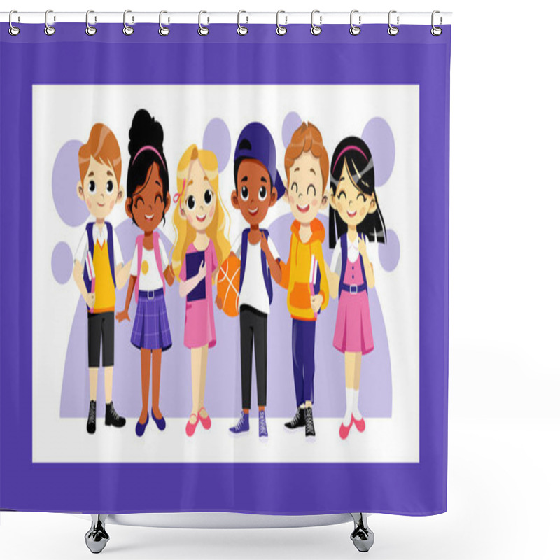 Personality  Concept Of Back To School. Multi Ethnic Teens Set. Kids Ready To Study In New Academic Year. Happy Children Standing In A Row. Boys And Girls With School Items. Cartoon Flat Style Vector Illustration Shower Curtains