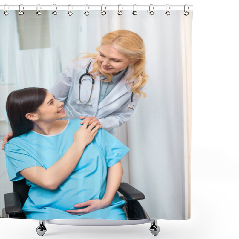 Personality  Happy Obstetrician Gynecologist Riding Pregnant Woman On Wheelchair At Maternity Hospital And Supporting Her Shower Curtains