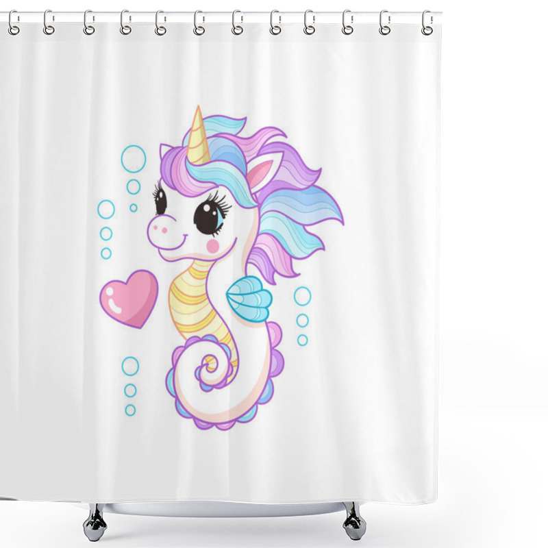 Personality  Cute Sea Unicorn With A Rainbow Mane And A Heart. Isolated On A White Background. For Childrens Design Of Prints, Posters, Cards, Stickers, T-shirts, Cups, Puzzles, Etc. Vector Illustration Shower Curtains