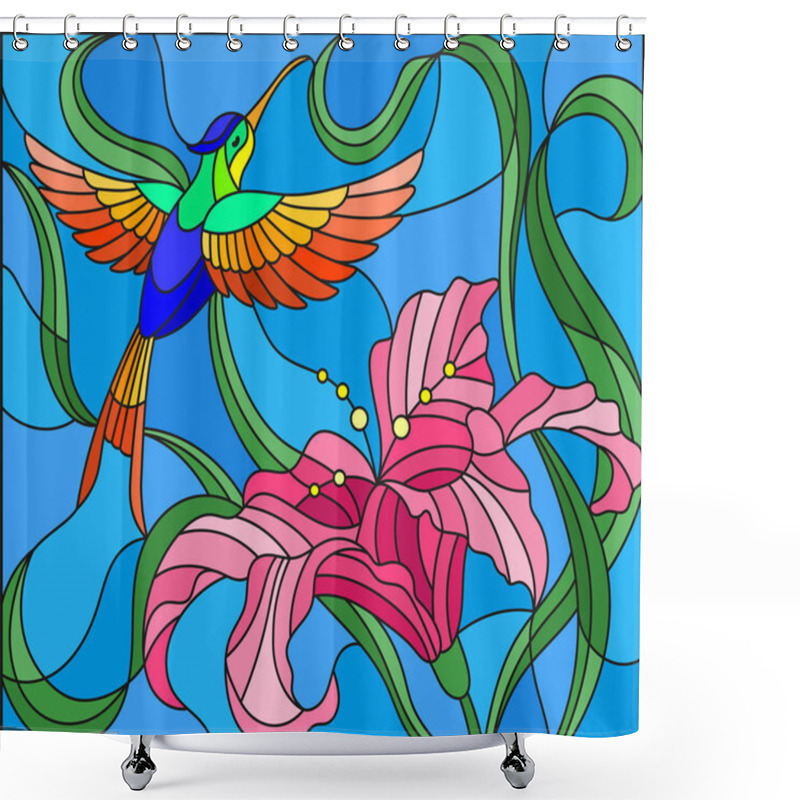 Personality  Illustration In Stained Glass Style With Bright Hummingbird Against The Sky, Foliage And Flower Of Lily Shower Curtains