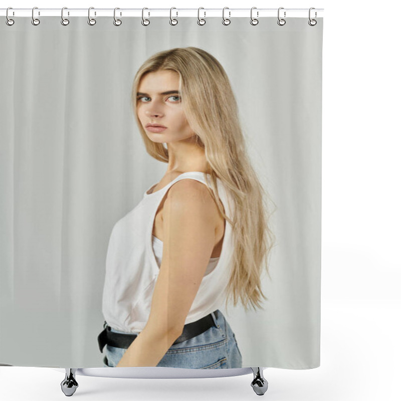 Personality  A Confident Young Woman Showcases Her Long Blonde Hair And Casual Style In A Stylish Studio Setting. Shower Curtains