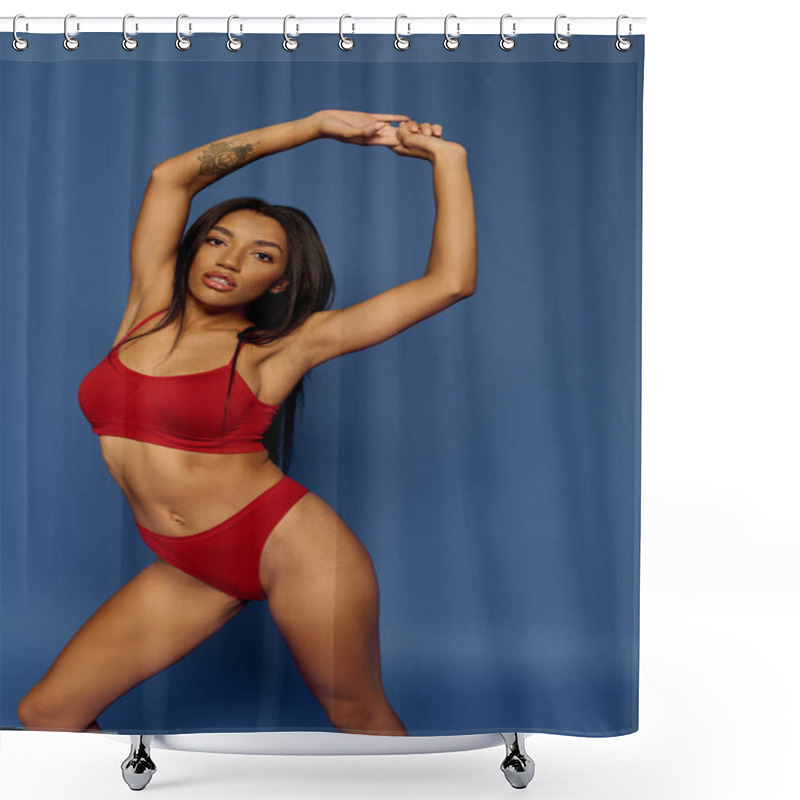 Personality  A Beautiful Young African American Woman Poses Gracefully In Red Lingerie Against A Blue Backdrop. Shower Curtains