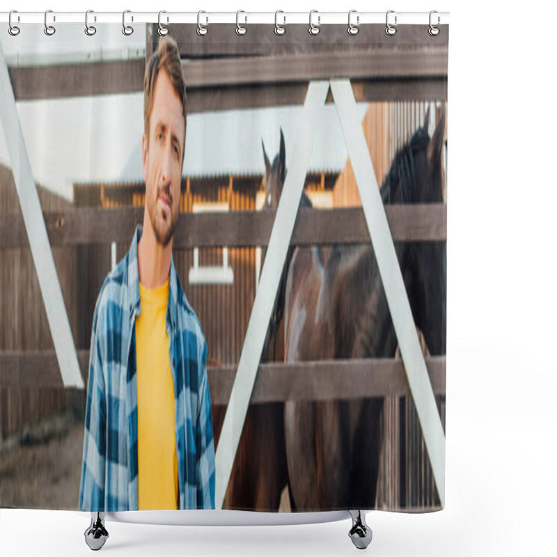 Personality  Panoramic Crop Of Farmer In Checkered Shirt Looking At Camera While Standing Near Corral With Horses Shower Curtains