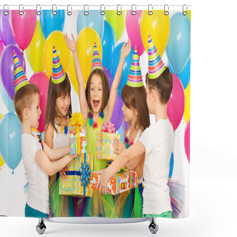 Personality  Joyful Little Kid Girl Receiving Gifts At Birthday Party Shower Curtains