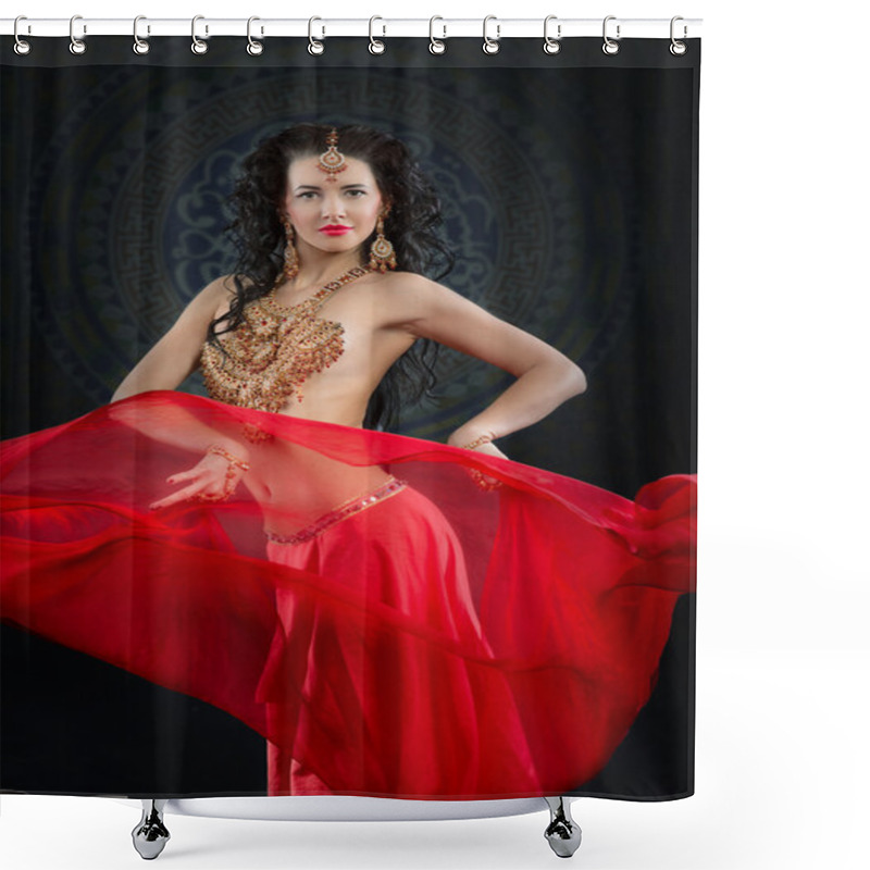 Personality  Portrait Of Belly Dancer In Red Costume Shower Curtains