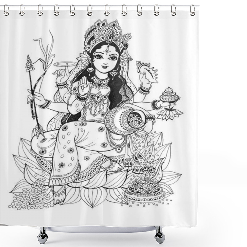 Personality  The Goddess Lakshmi Sits On A Lotus Flower With Various Attributes Of Wealth In Her Hands. Young Beauty Goddess Lakshmi, Prosperity, Beauty, Love, Abundance. Graphic Drawing On A White Background. Shower Curtains