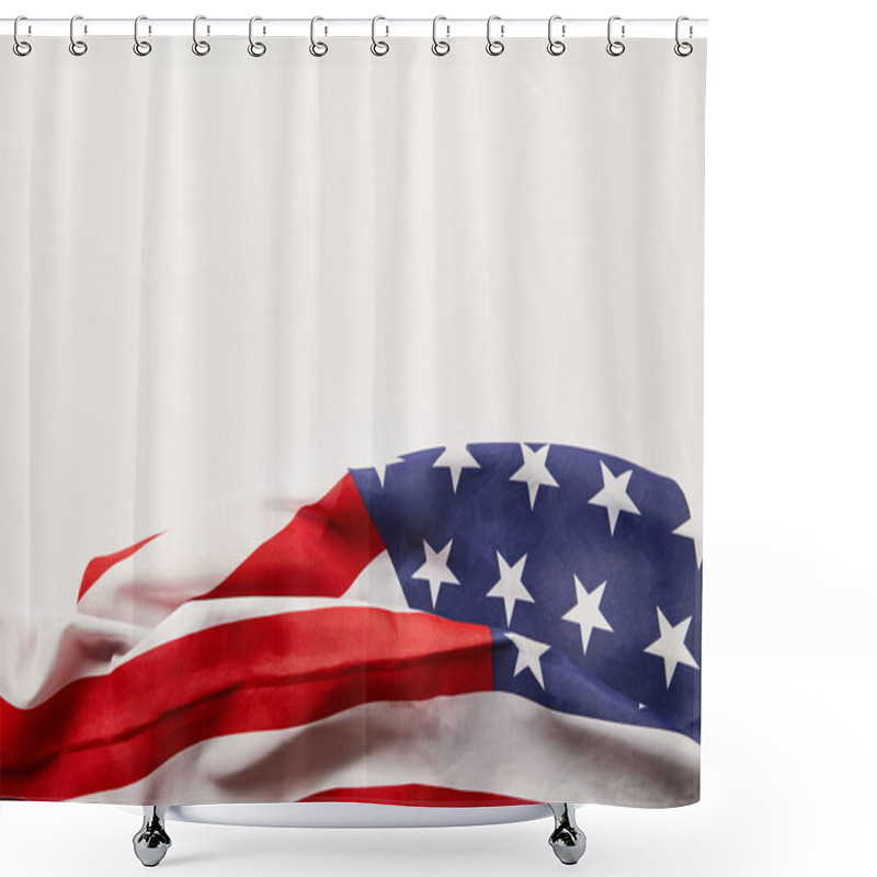 Personality  Top View Of Crumpled American Flag On White Surface With Copy Space Shower Curtains