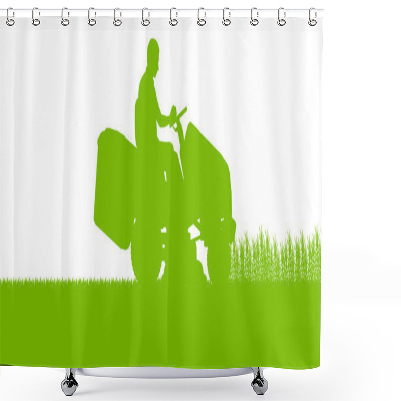 Personality  Man With Lawn Mower Tractor Cutting Grass In Field Landscape Abs Shower Curtains