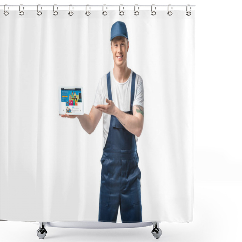 Personality  Handsome Smiling Mover Gesturing With Hand While Presenting Digital Tablet With Amazon App On Screen Isolated On White Shower Curtains