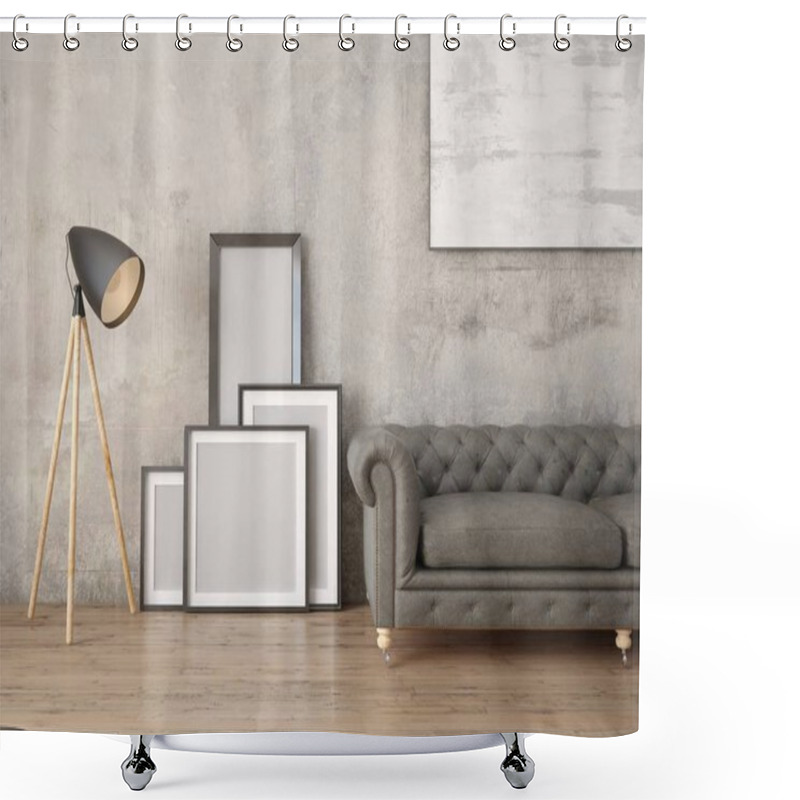 Personality  Mock Up A Modern Living Room With Leather Sofa And Hipster Background. Shower Curtains