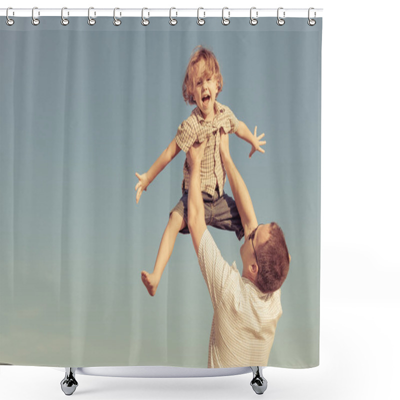 Personality  Dad And Son Playing Near A House Shower Curtains