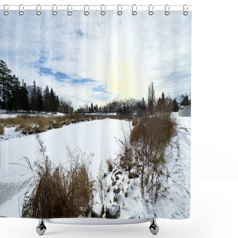 Personality  A Winter Landscape With A Frozen River Surrounded By Dry Grasses And Trees, Under A Sunny Sky With Clouds. Calm And Chilly Atmosphere. Shower Curtains