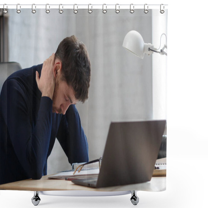 Personality  Tired Architect Working Overtime In Office. Stressed Businessman Have Financial Problems And Searching Ideas To Overcome Financial Crisis. Entrepreneur In Bankruptcy. Burnout And Overwork Concept Shower Curtains