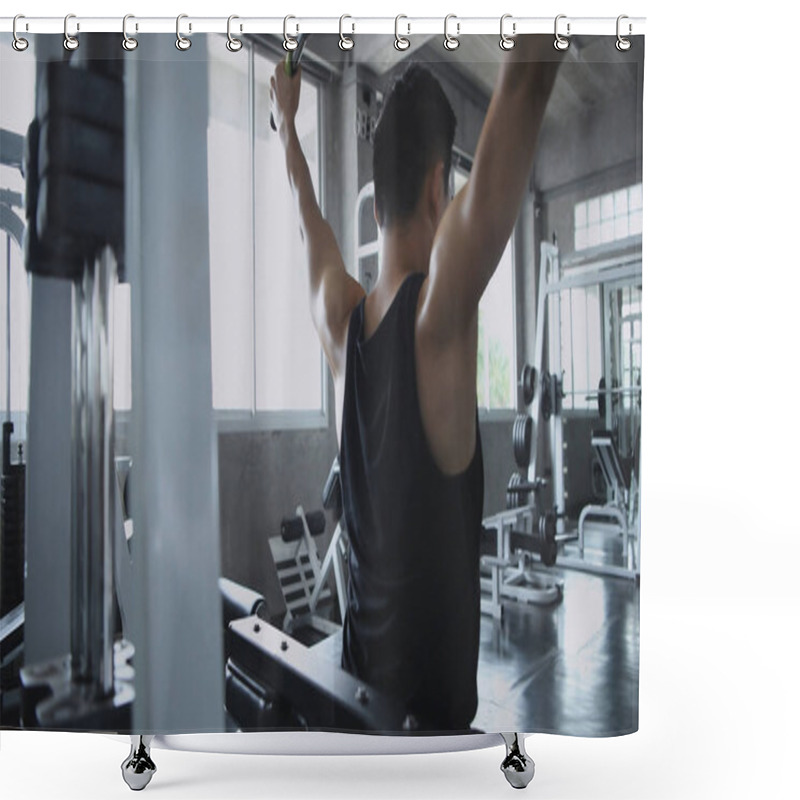 Personality  Sports Concept. The Young Man Is Lifting His Weight With Tremend Shower Curtains