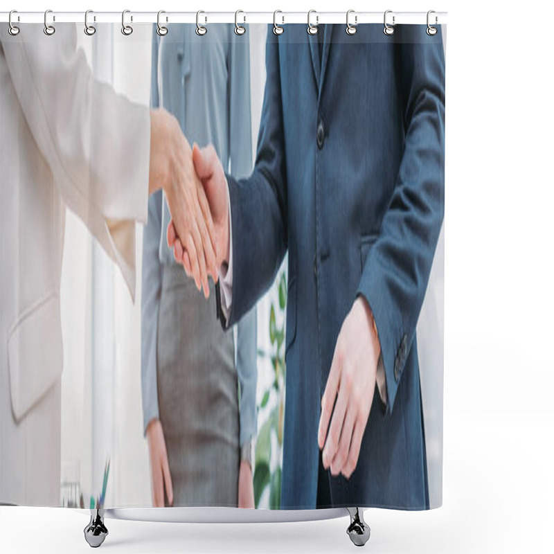 Personality  Panoramic Shot Of Recruiter Shaking Hands With Employee Near Colleague  Shower Curtains