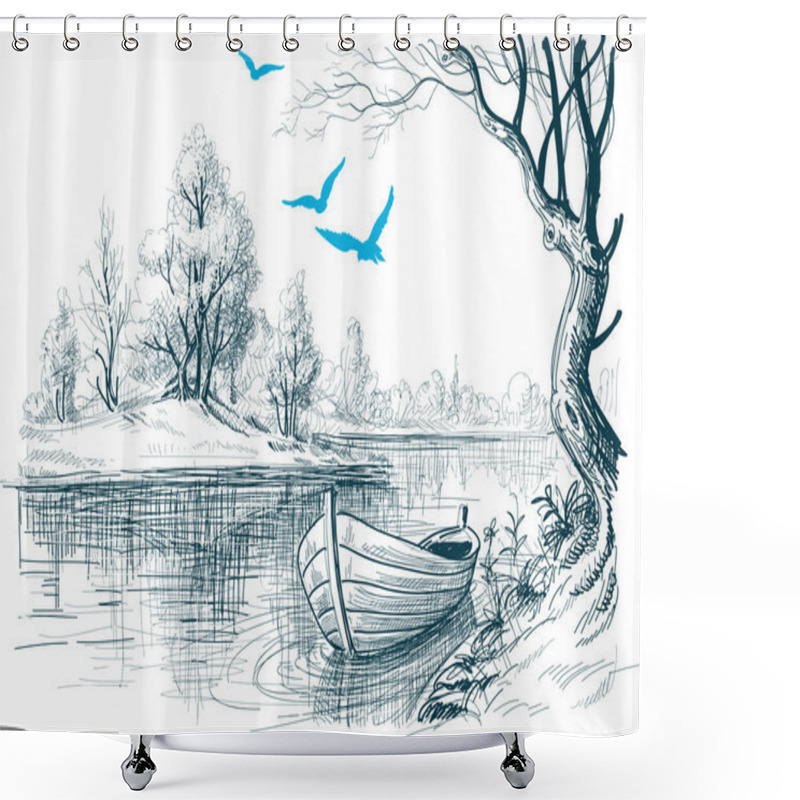 Personality  Boat On River Delta Vector Sketch Shower Curtains