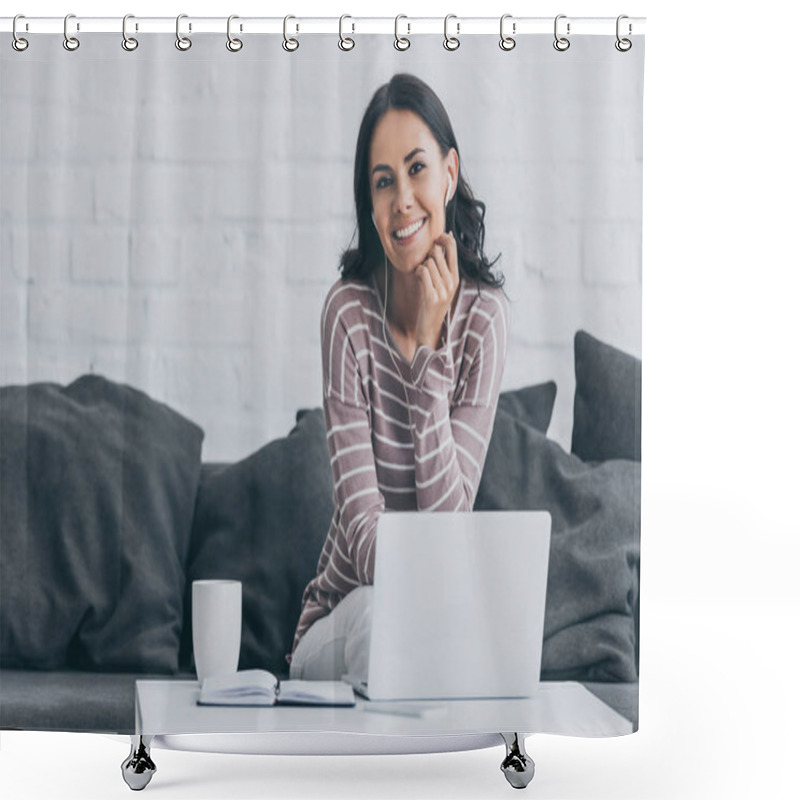 Personality  Cheerful Young Woman Smiling At Camera While Sitting At Table Near Laptop Shower Curtains