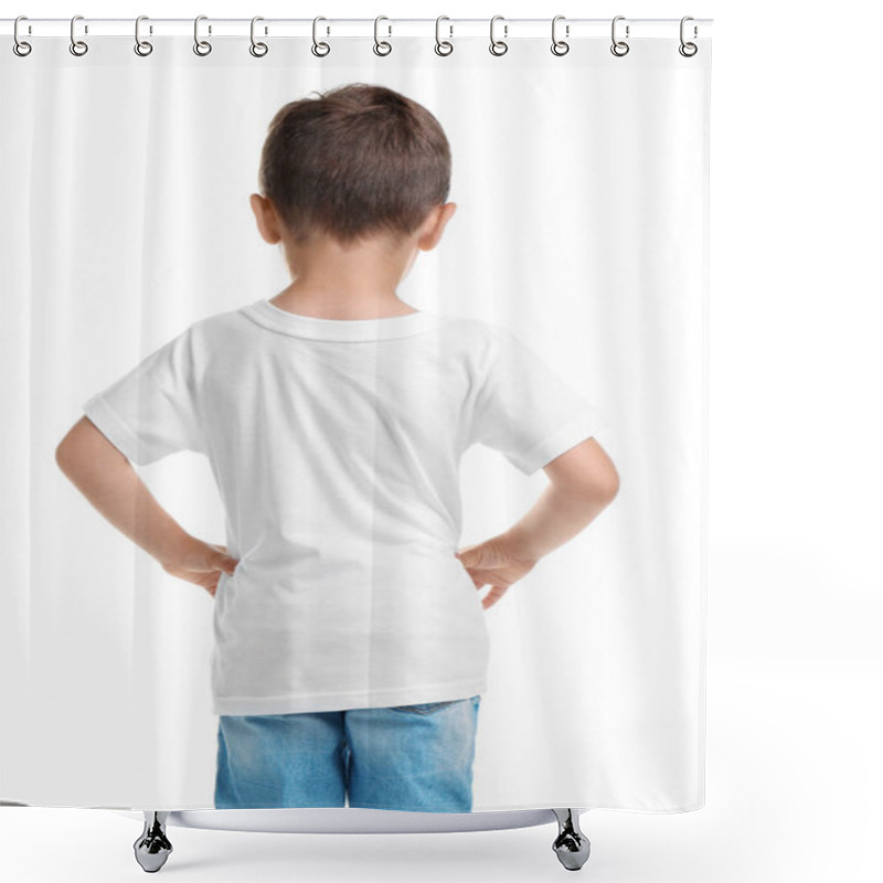 Personality  Little Boy In T-shirt On White Background. Mockup For Design Shower Curtains