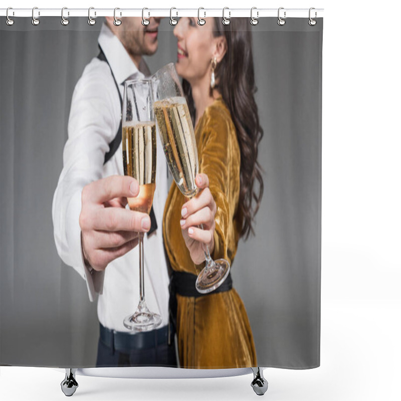 Personality  Selective Focus Of Couple Clinking With Champagne Glasses Isolated On Grey Shower Curtains