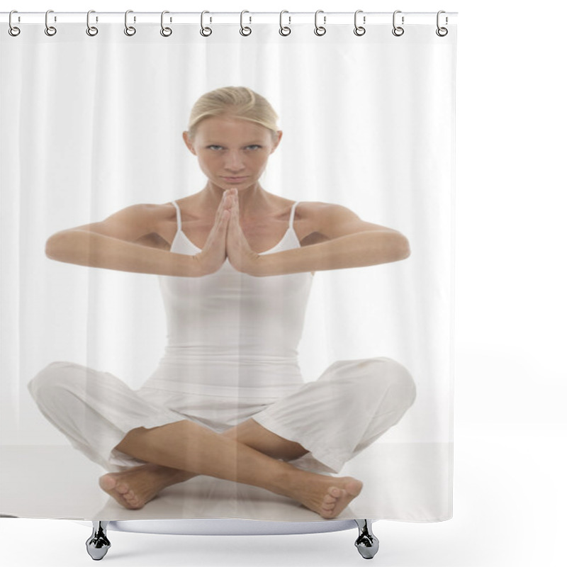 Personality  A Young Caucasian Woman Dressed In White Sitting Cross-legged Doing Yoga Shower Curtains