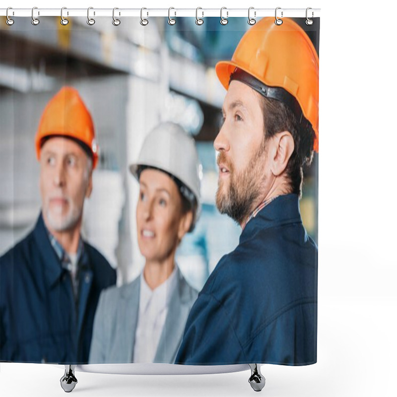 Personality  Male Workers And Female Inspector In Helmets In Storehouse Shower Curtains