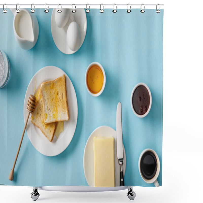 Personality  Top View Of Served Breakfast With Yogurt, Milk, Coffee, Jam, Honey, Butter And Knife, Toasts On White Plates On Blue Background Shower Curtains