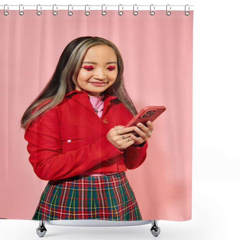 Personality  Happy And Young Asian Woman With Red Valentines Day Makeup Using Smartphone On Pink Backdrop Shower Curtains