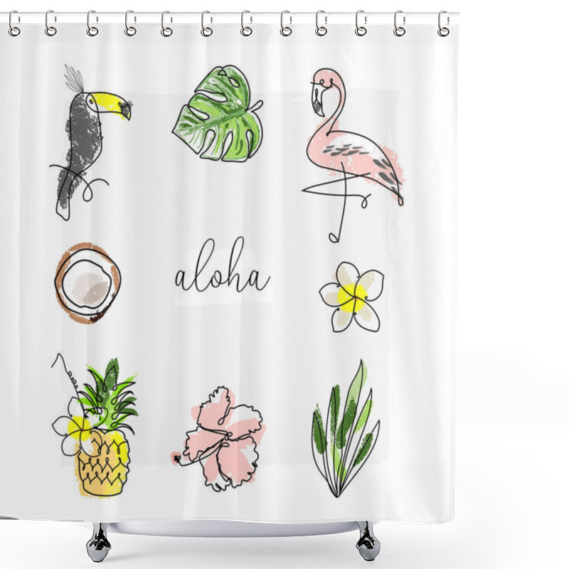 Personality  Cute Tropical Set Of Different Stickers With Wild Birds, Exotic Fruits, Flowers And Leaves. Summer Cartoon Doodle Hand Drawn Vector Elements Shower Curtains