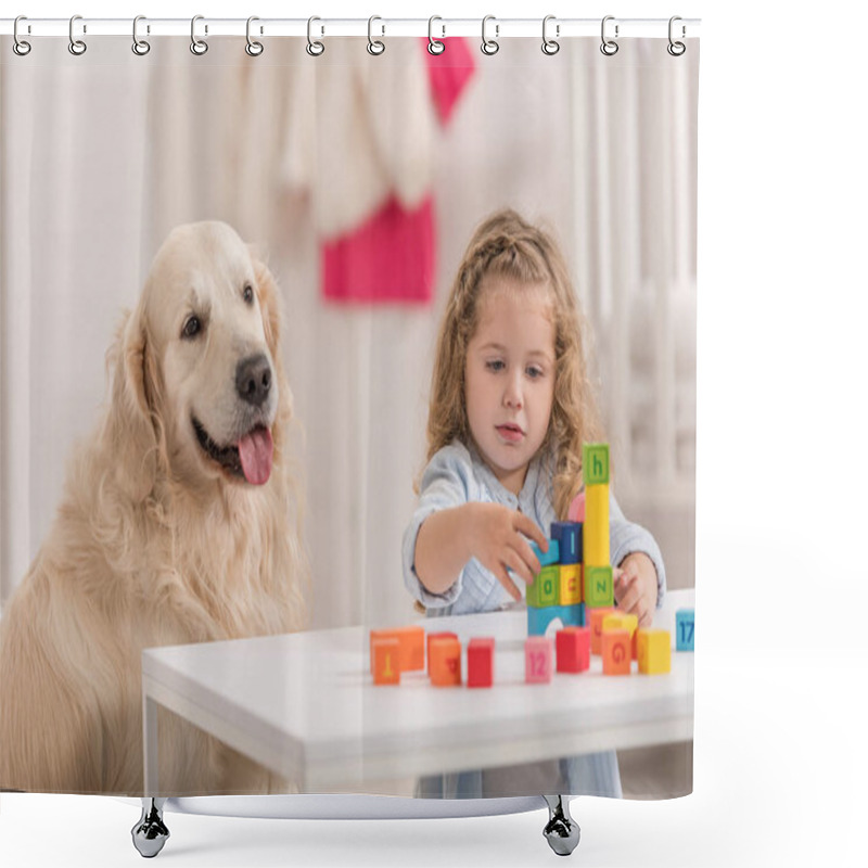 Personality  Adorable Child Playing With Educational Cubes, Golden Retriever Sitting Near Table In Children Room Shower Curtains