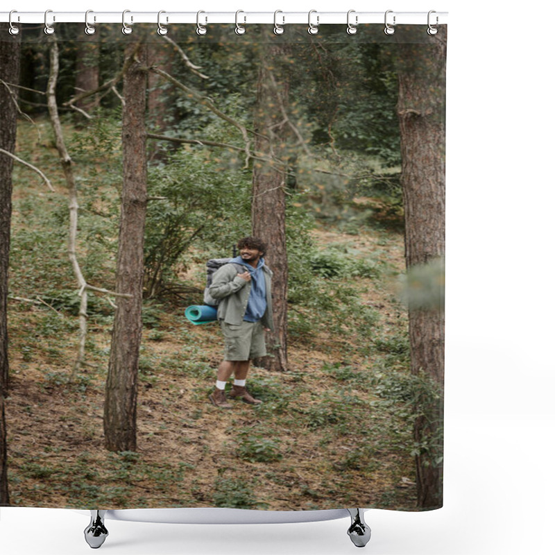 Personality  Happy Indian Backpacker With Curly Hair Walking In Forest, Natural Location, Hiker With Backpack Shower Curtains