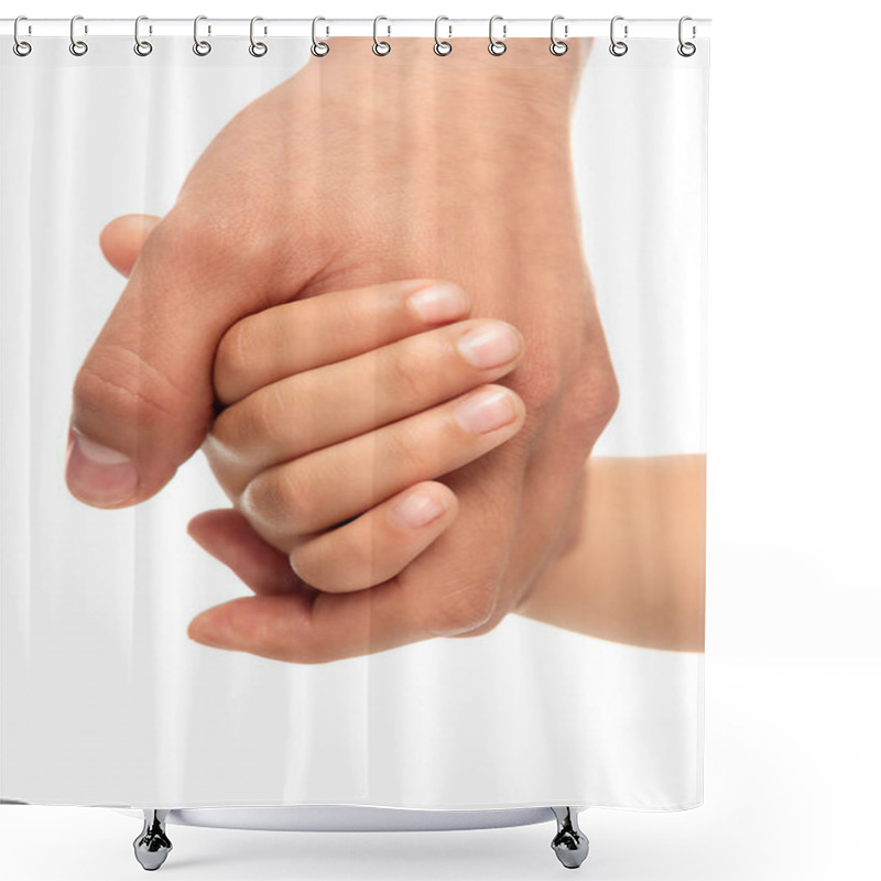 Personality  Cropped View Of Father And Daughter Holding Hands Isolated On White  Shower Curtains