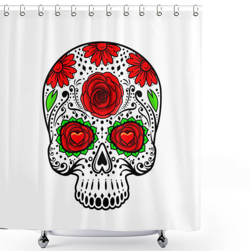 Personality  Day Of The Dead Skull. Sugar Flower Tattoo. Shower Curtains