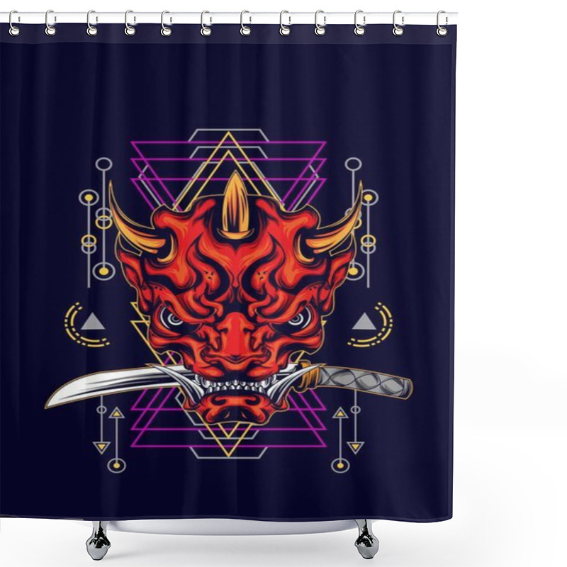 Personality  Japanese Mask And Katana Sword Illustration Logo With Sacred Geometry Ornament Shower Curtains