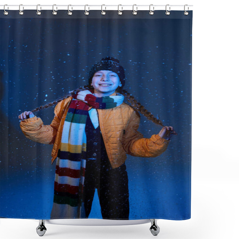 Personality  A Cheerful Girl Stands Amid Gently Falling Snow, Showcasing Warm Winter Clothes With Joy. Shower Curtains