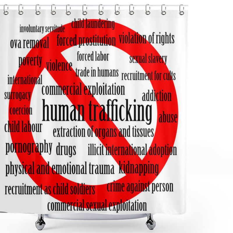 Personality  Stop Human Trafficking - Word Cloud Of Human Trafficking Related Words With A Stop Sign Shower Curtains