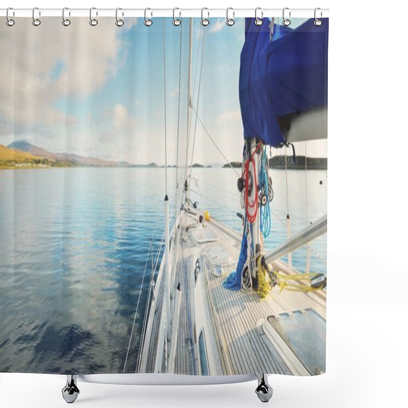 Personality  Sloop Rigged Modern Yacht With Wooden Teak Deck Sailing Near The Shore Of Jura Island On A Sunny Day. Cloudy Blue Sky. Reflections On The Water. Inner Hebrides, Scotland, UK Shower Curtains