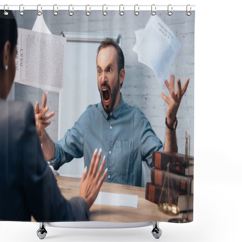 Personality  Selective Focus Of Angry And Bearded Man Screaming While Throwing In Air Documents Near Lawyer  Shower Curtains