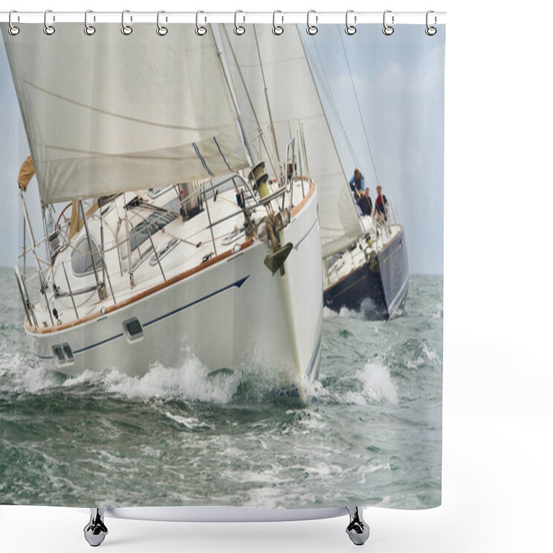 Personality  Two Beautiful White Yachts, Sailboats Or Sail Boats Sailing Or Racing At Sea  Shower Curtains