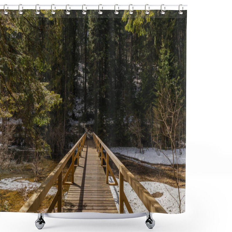 Personality  Wooden Bridge Above River In Spring Forest  Shower Curtains