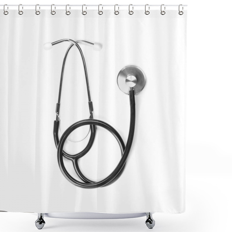 Personality  Stethoscope On White Background, Top View. Medical Object Shower Curtains