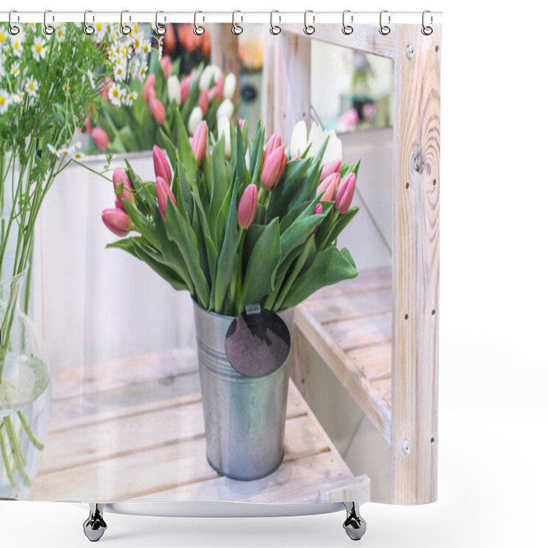 Personality  Bouquets Of White And Red Tulips And Daisies In A Steel Bucket For Sale In A Flower Shop. Shower Curtains