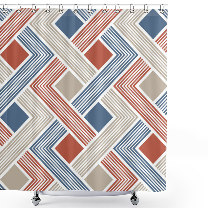 Personality  Abstract Seamless Geometric Pattern With Orange, Blue, And Beige Zigzag Intertwined Lines On A White Background. Contemporary Modern Style. Vector Illustration. Shower Curtains