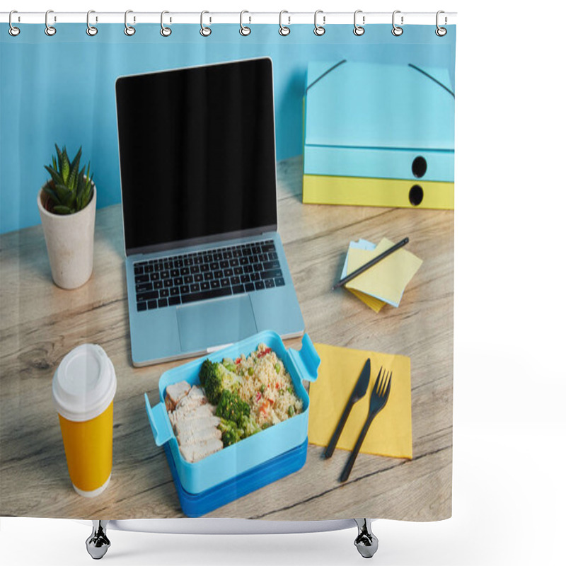 Personality  Lunch Box With Rice, Chicken And Broccoli At Workplace With Laptop On Wooden Table On Blue Background, Illustrative Editorial Shower Curtains