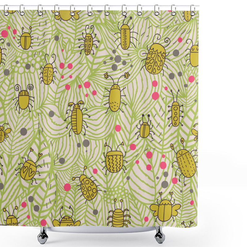 Personality  Vintage Spring Seamless Pattern. Bugs In Leafs Cartoon Background. Seamless Pattern Can Be Used For Wallpaper, Pattern Fills, Web Page Background,surface Textures. Shower Curtains