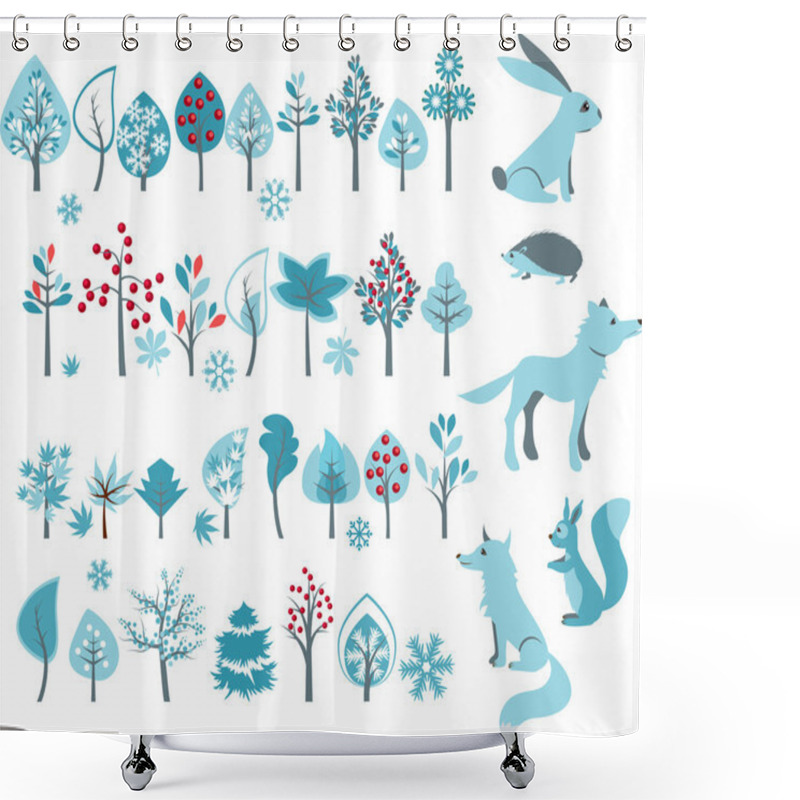 Personality  Big Set With Winter Trees And Forest Animals Shower Curtains